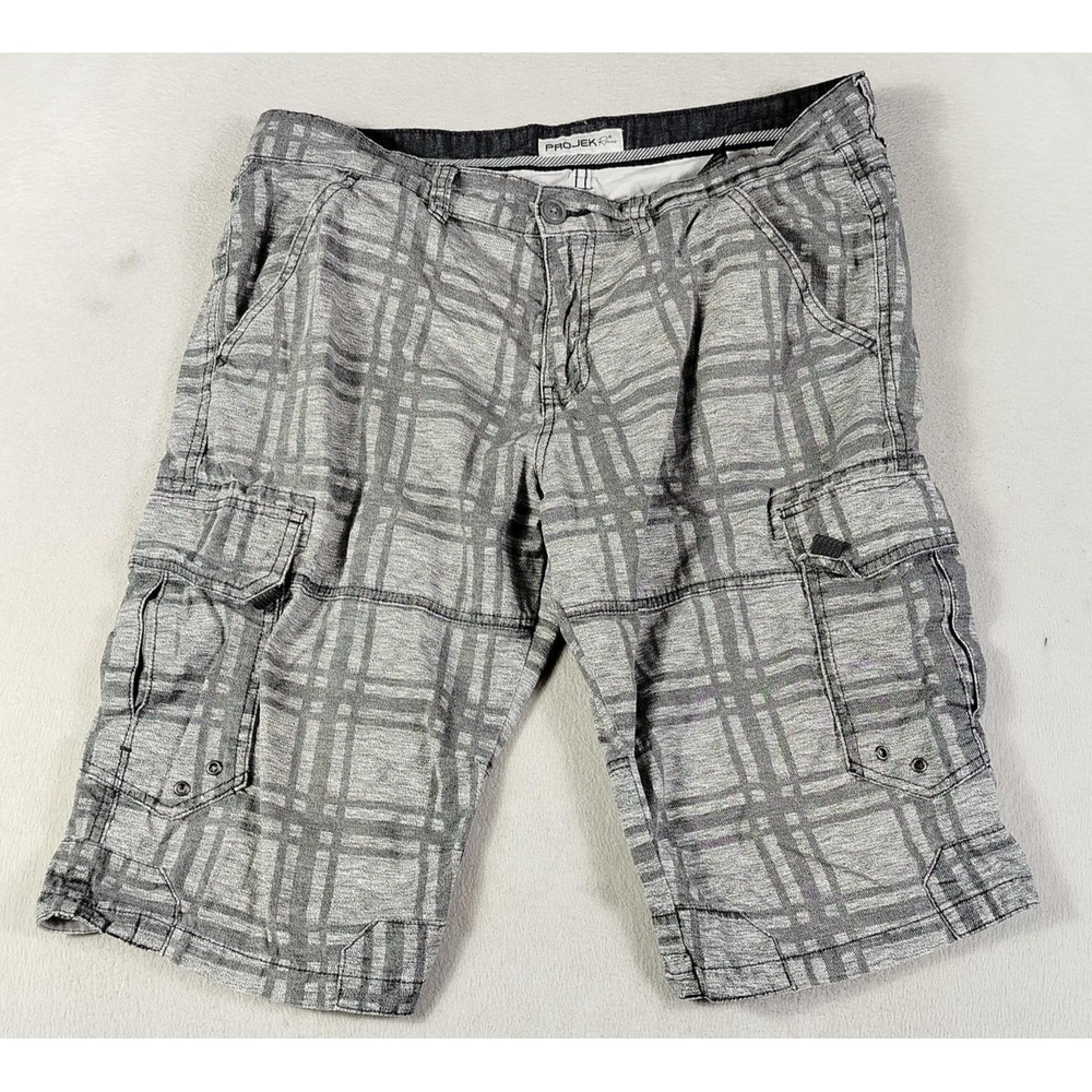 Projek Raw Cargo Shorts Mens 36 Gray Plaid Canvas Relaxed Fit Casual Summer
